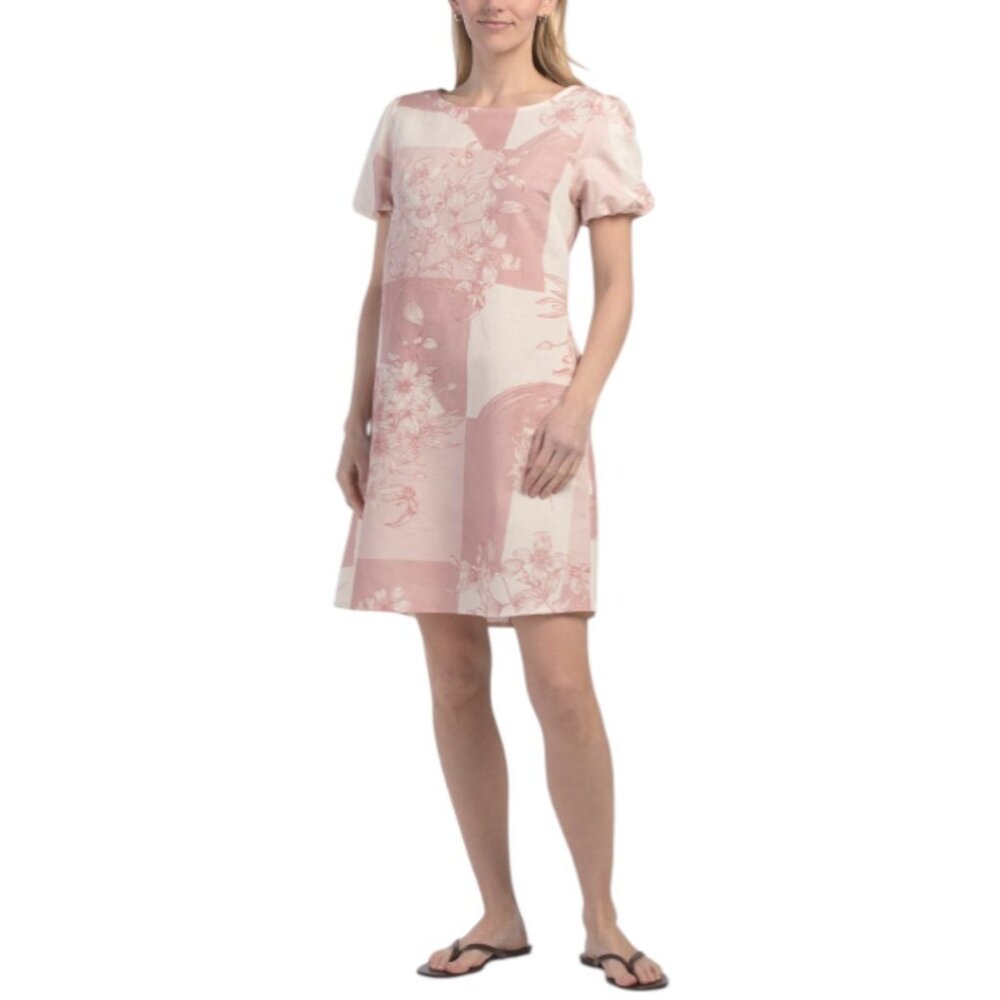 SPIGHE DI LINO Made In Italy Linen Blend Ball Short Sleeve Printed Mini Dress